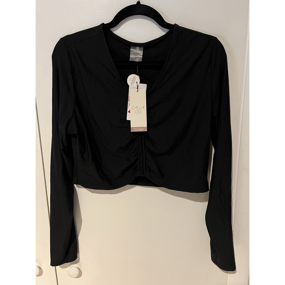 NWT Calia Rash Guard XL Long Sleeve‎ Ruched Top Black Womens Swim Shirt